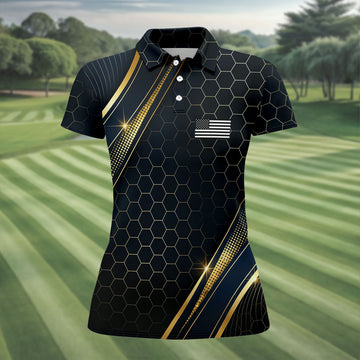 Gold Hexagonal US Flag Logo Retro Golf Shirt, 250 Years Patriotic 4th Of July Golf Shirt For Women