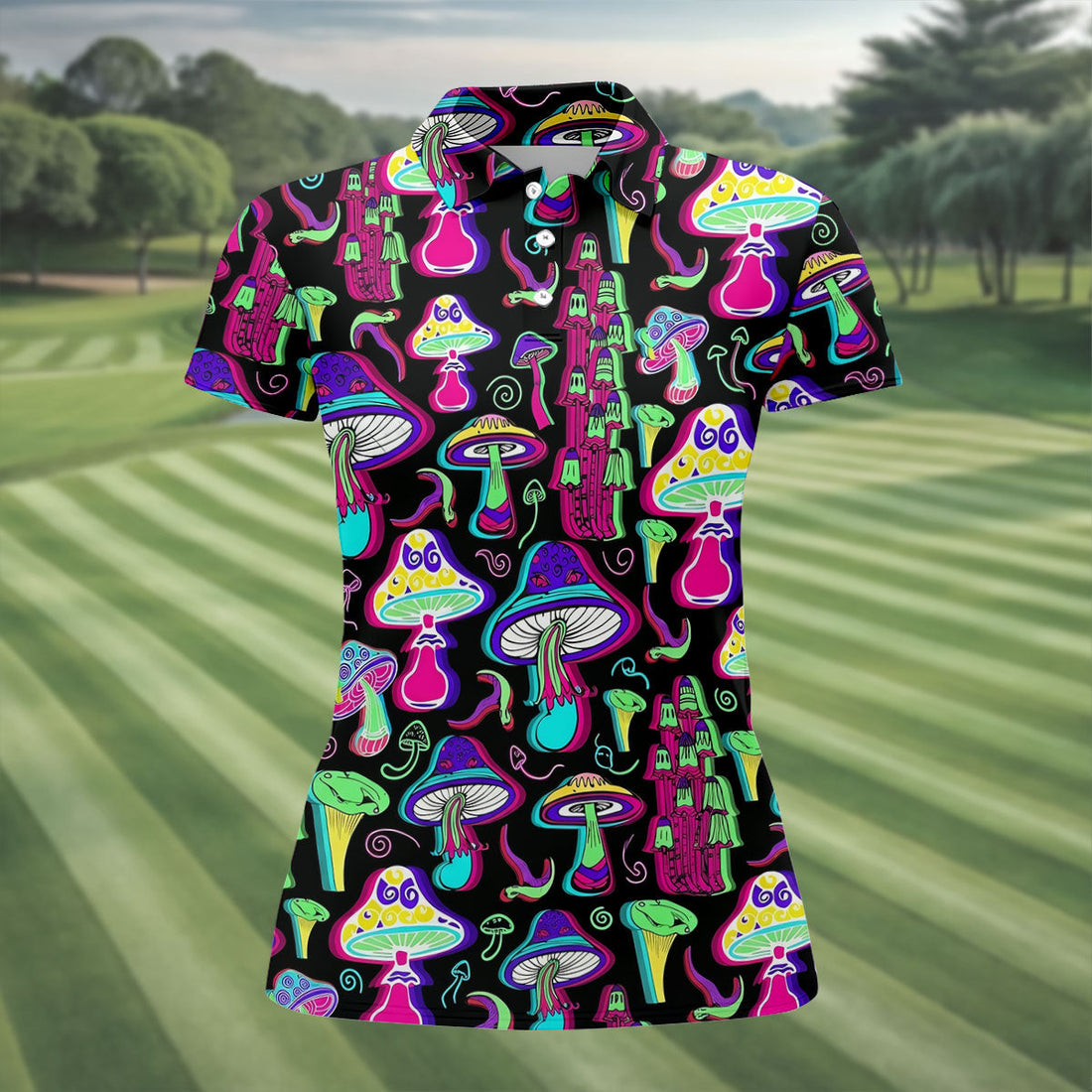 Black Neon Mushroom Pattern Golf Shirt, Women’s Golf Polo, Golf Shirts For Women, Performance Golf Shirt