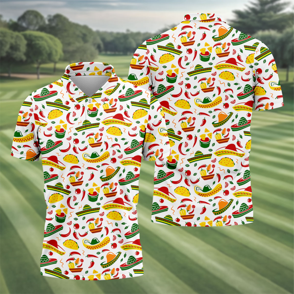 Mexican Fiesta Seamless Pattern Golf Tops For Men, Cinco De Mayo Celebration Golf Shirts For Men