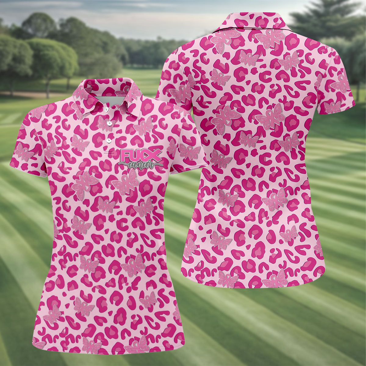F*ck Cancer Leopard Butterfly Breast Cancer Polo Shirt, Women’s Golf Polo, Ladies Golf Top
