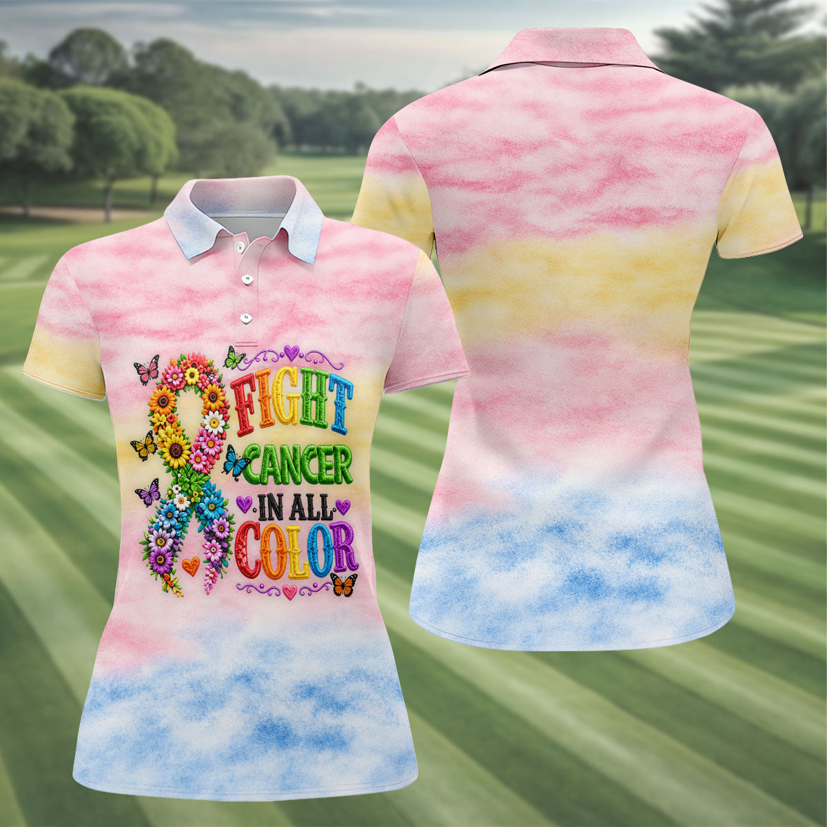 Fight Cancer In All Color Floral Ribbon Polo Shirt, Ladies Golf Shirt, Womens Golf Tops