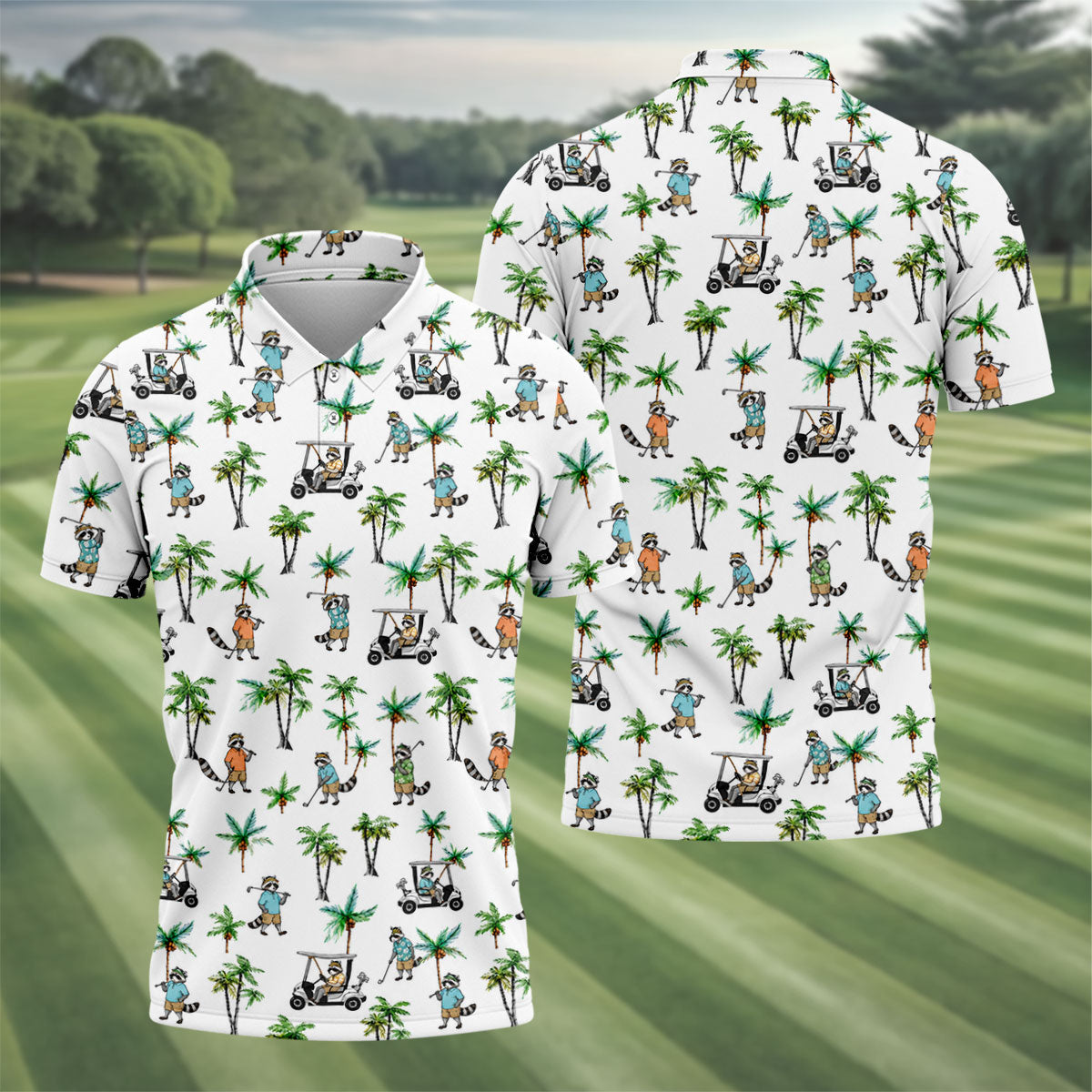 Funny Raccoon Tropical Golf Pattern Polo Shirt, Mens Golf Polo, Printed Golf Shirts