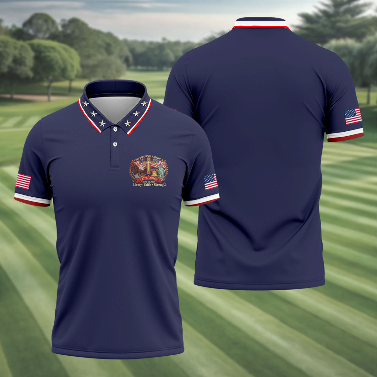 Liberty Faith Strength Faith Cross USA 250 Navy Golf Shirt, 4th Of July Golf Shirts For Men