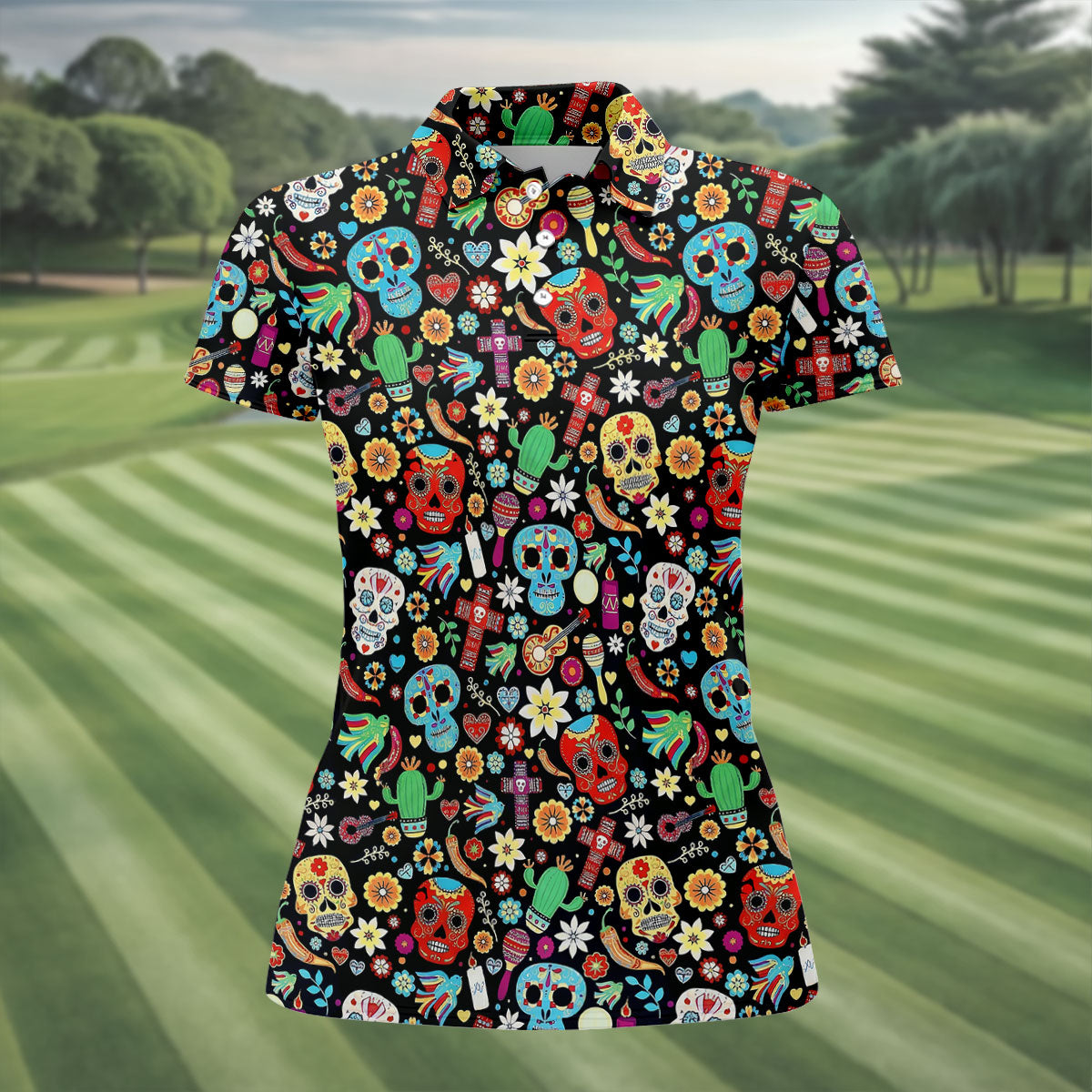 Skull With Flowers Cinco De Mayo Celebration Fiesta Themed Ladies Golf Tops, Golf Shirt For Women