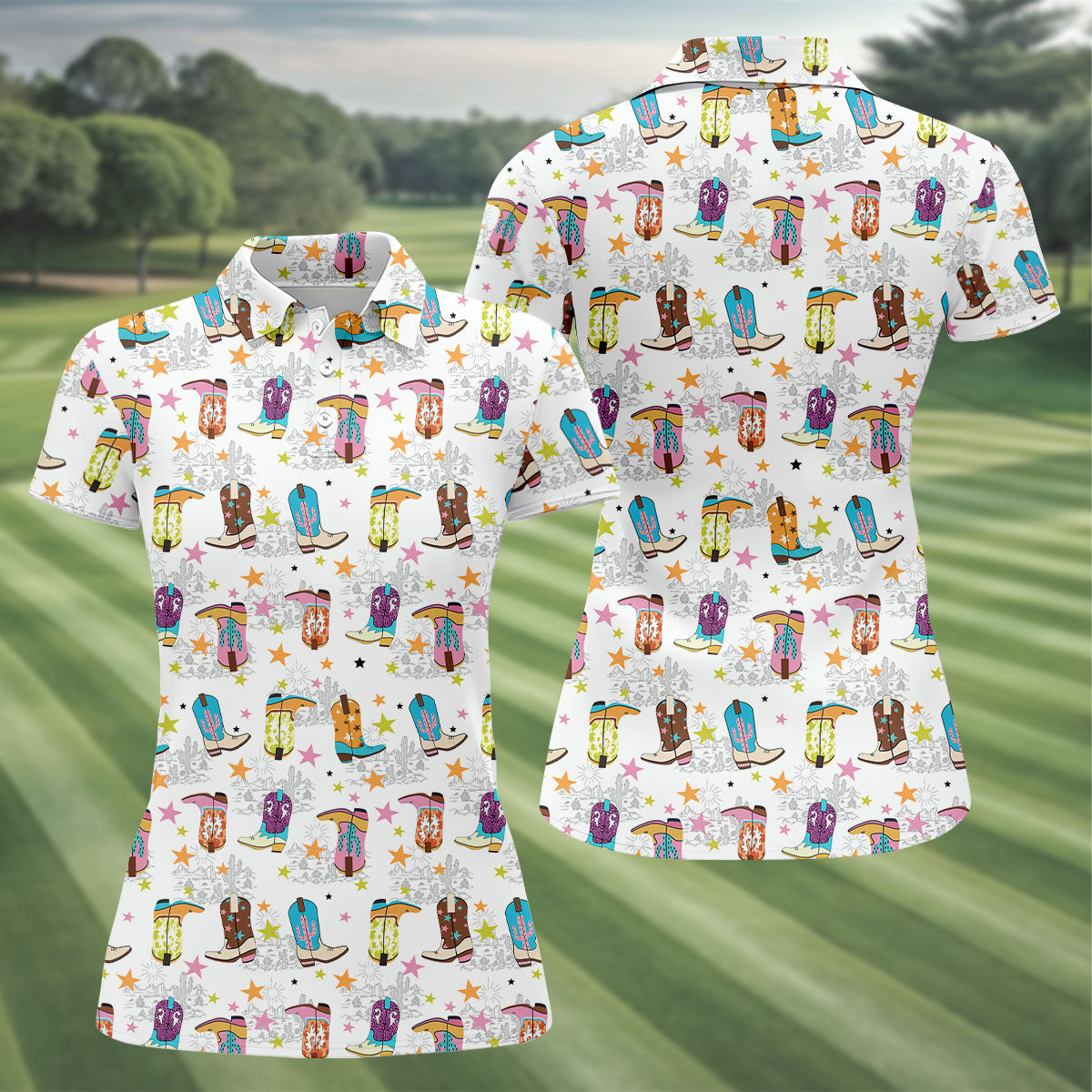 Colorful Western Cowboy Boots Pattern Hawaiian Golf Shirt, Ladies Golf Shirt, Women’s Golf Apparel