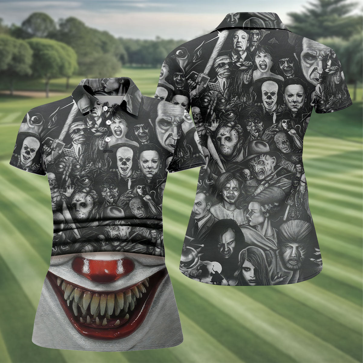Sharp Teeth Clown Horror Character Halloween Polo Shirt, Womens Golf Tops, Ladies Golf Top