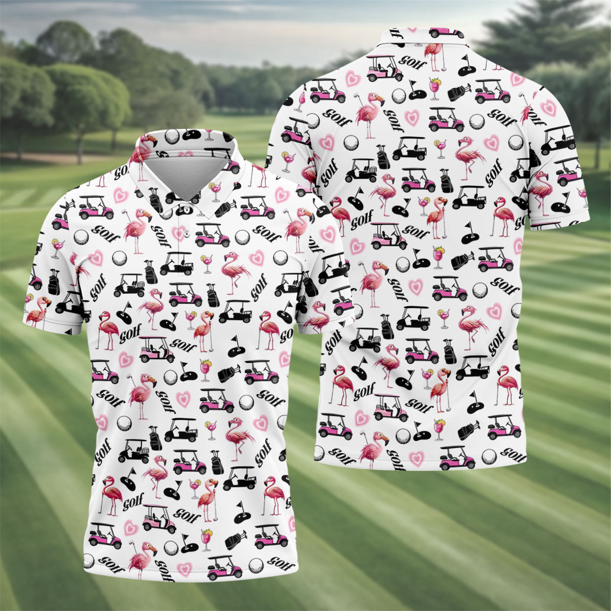 Pink Flamingo Golf Cart Martini Hawaiian Golf Shirt, Mens Golf Polo, Printed Golf Shirts