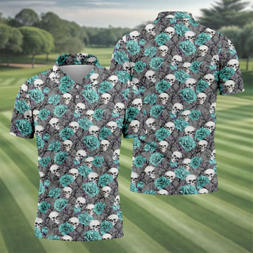 Teal Rose Skull Gothic Pattern Golf Polo Shirt, Mens Golf Shirts, Hawaiian Golf Shirt