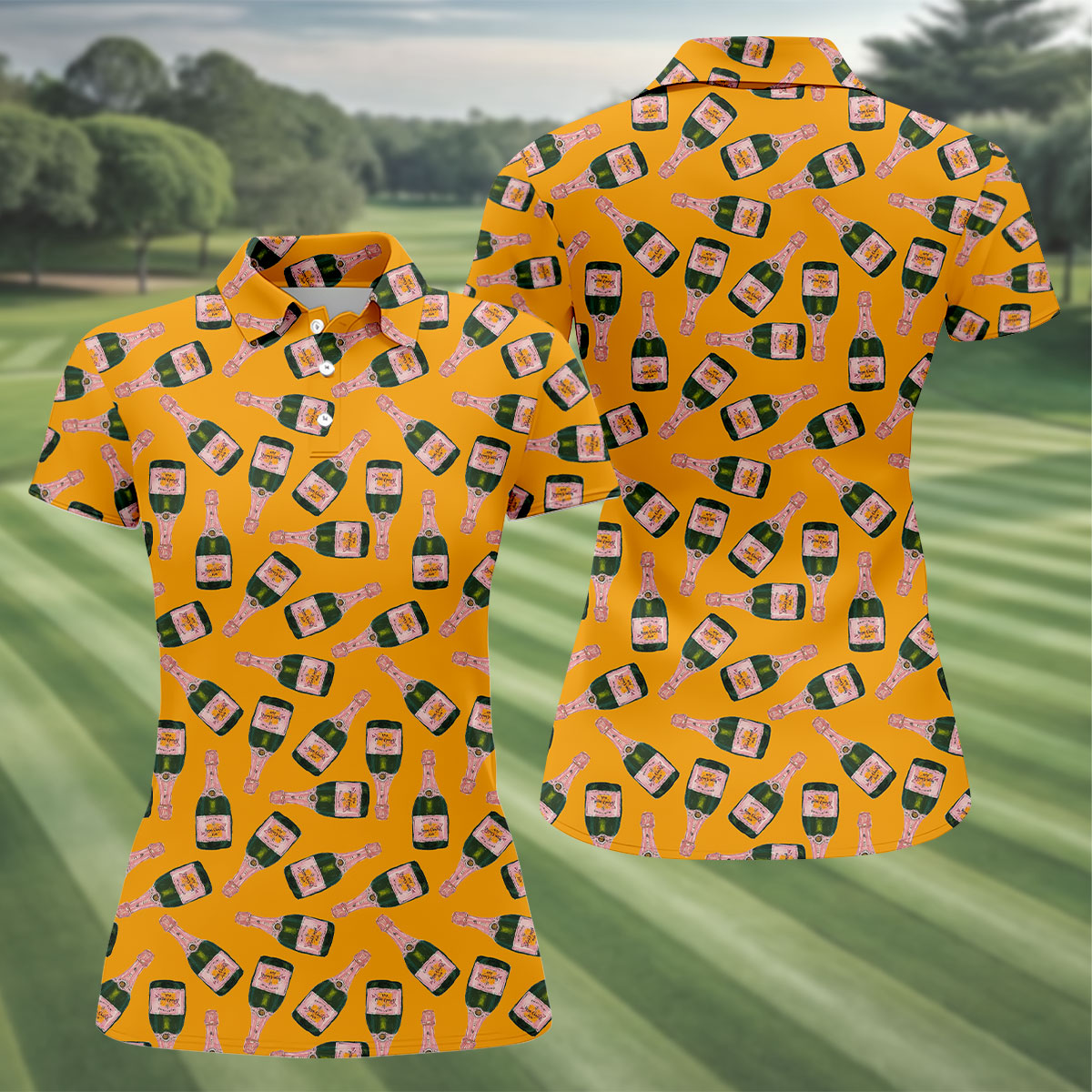 Rosé Champagne Seamless Pattern Yellow Golf Shirt, Ladies Golf Shirts, Golf Shirt For Women