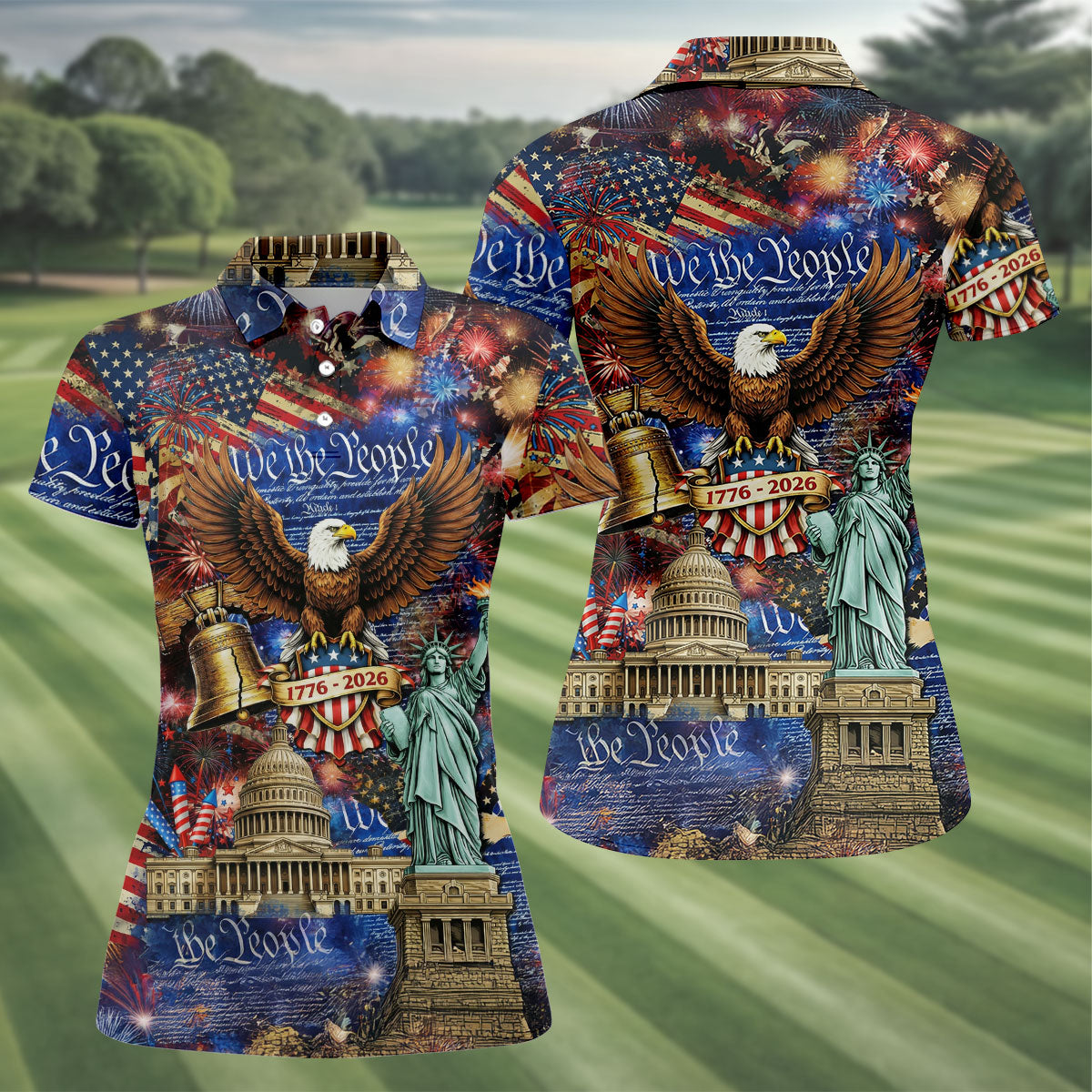 We The People Festive Celebration US Flag Golf Shirt, 250 Years 4th Of July Golf Shirt For Women