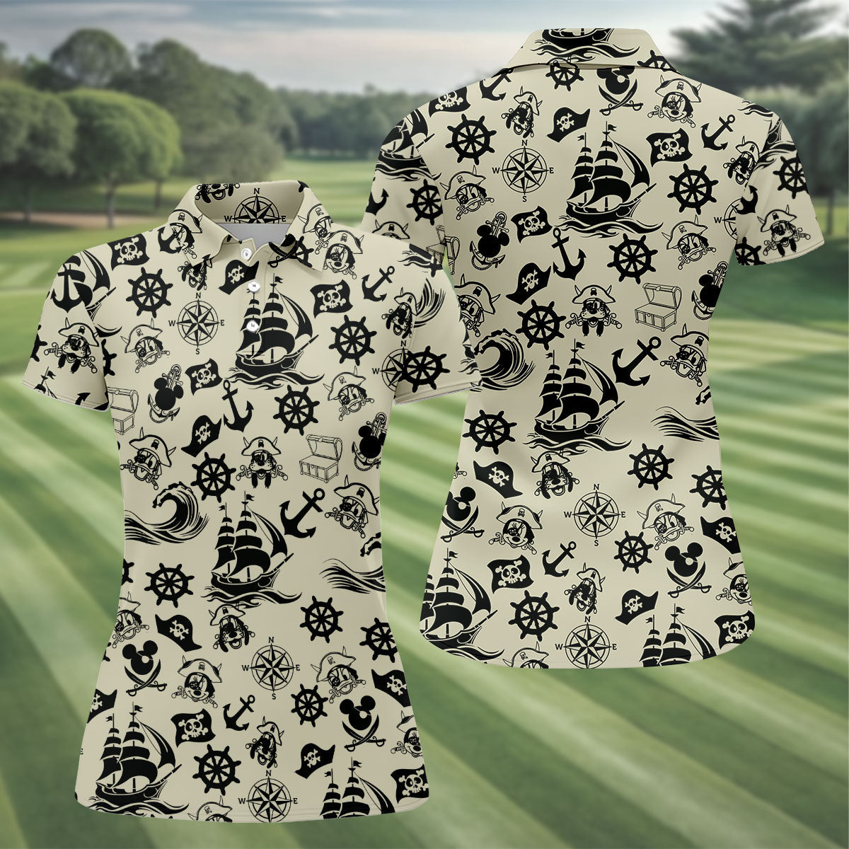 Vintage Pirate Nautical Pattern Golf Polo Shirt, Golf Shirts For Women, Women’s Golf Polo