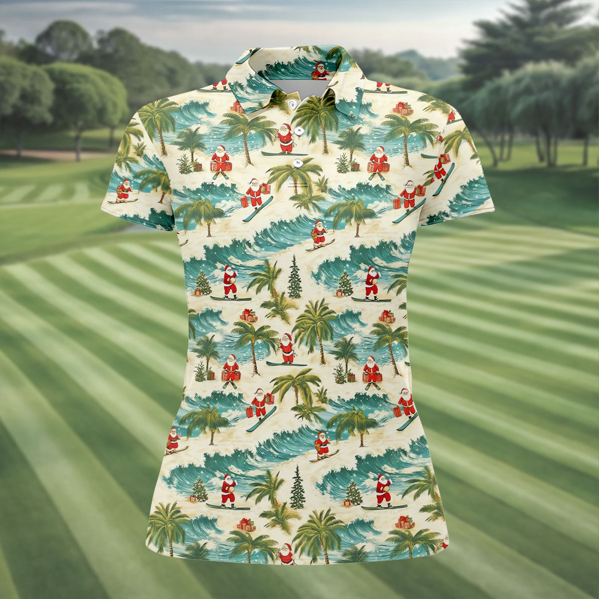 Christmas Santa Surfing Tropical Hawaiian Golf Shirt, Golf Shirts For Women, Performance Golf Shirt