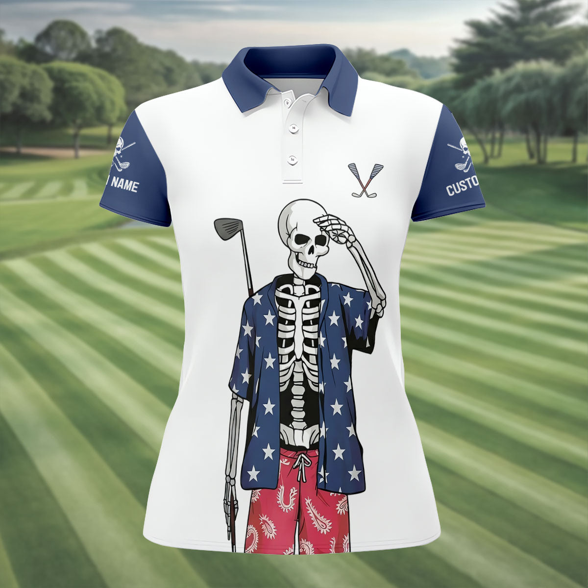 Skeleton Golf White Navy 4th Of July Patriotic Golf Shirt, 250 Years Golf Shirt For Women