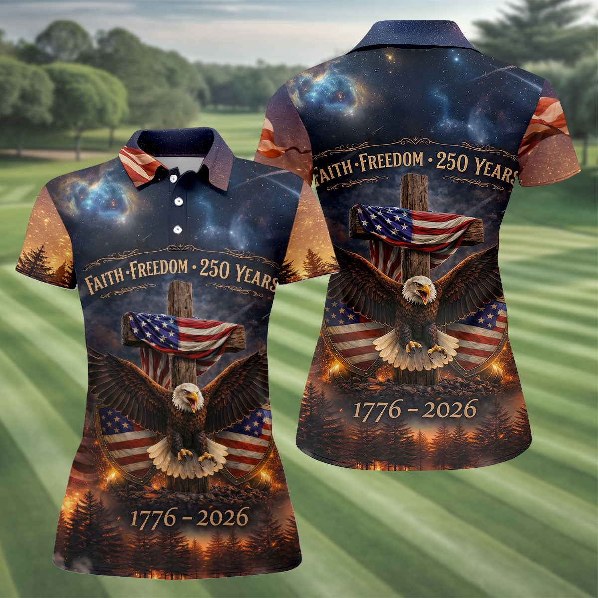 Faith Freedom 250 Years Galaxy Pattern US Flag Golf Shirt, Patriotic 4th Of July Golf Shirt For Women