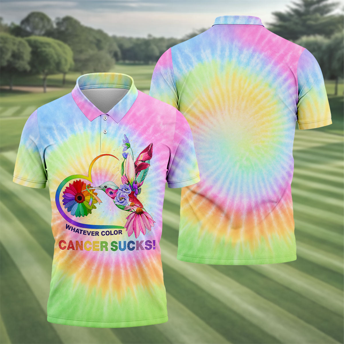 Whatever Color Cancer Sucks Hummingbird Polo Shirt, Mens Golf Polo, Printed Golf Shirts