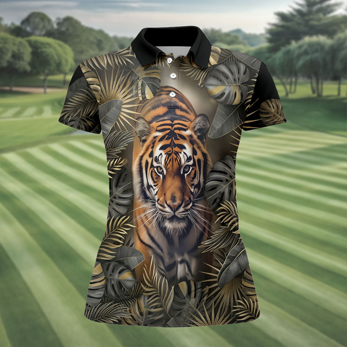 Majestic Tiger Tropical Golf Polo Shirt, Women's Golf Tops, Ladies Golf Shirt