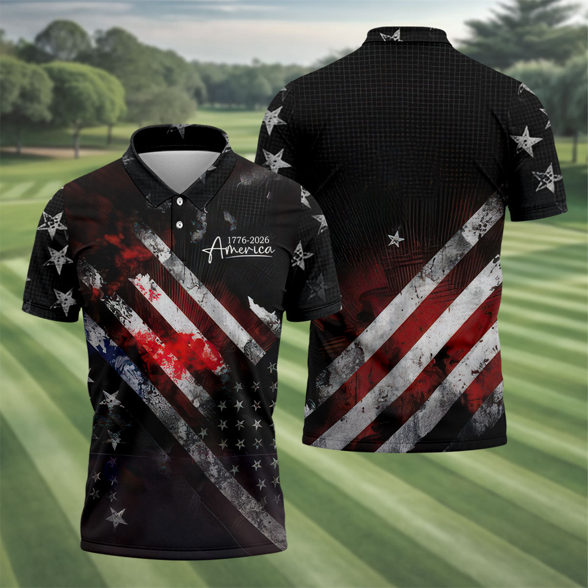 1776-2026 America Distressed Flag Black Golf Shirt, Patriotic 4th Of July Golf Shirts For Men