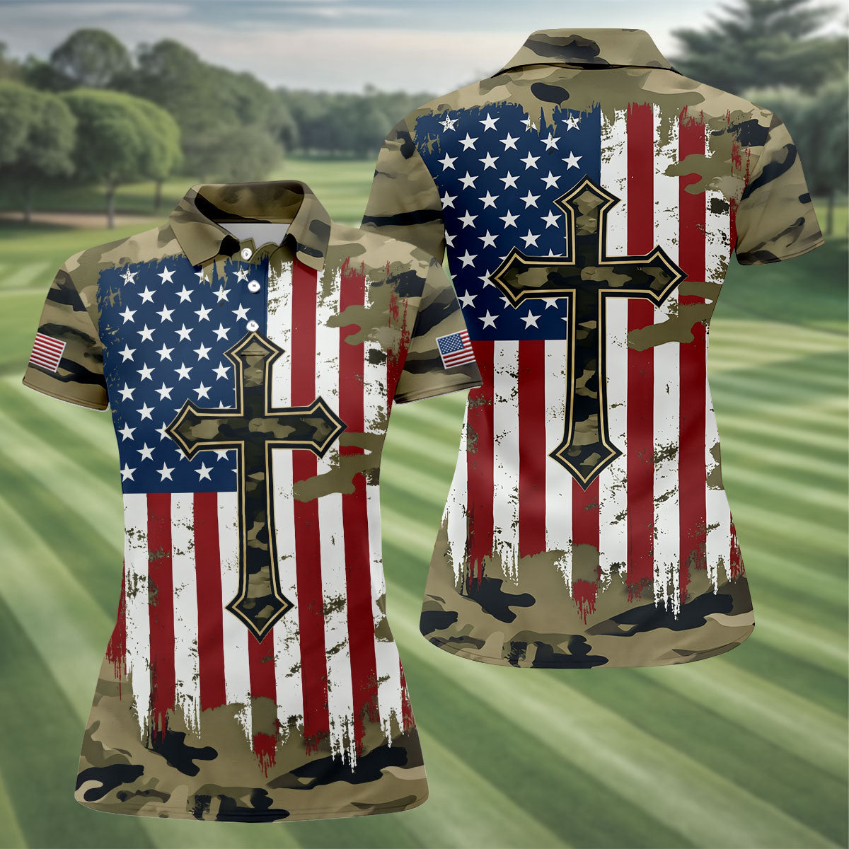 Faith Cross Green Camouflage US 250th Anniversary Golf Shirt, Patriotic Golf Shirt, Golf Shirts For Women