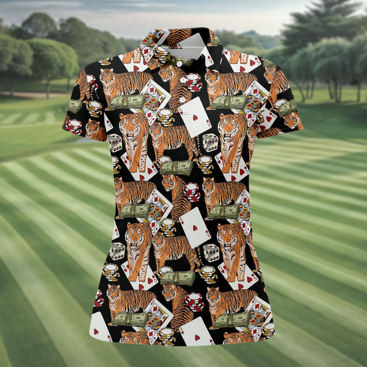 Money Tiger Poker Dice Chips And Cards Hawaiian Golf Shirt, Golf Shirt For Women
