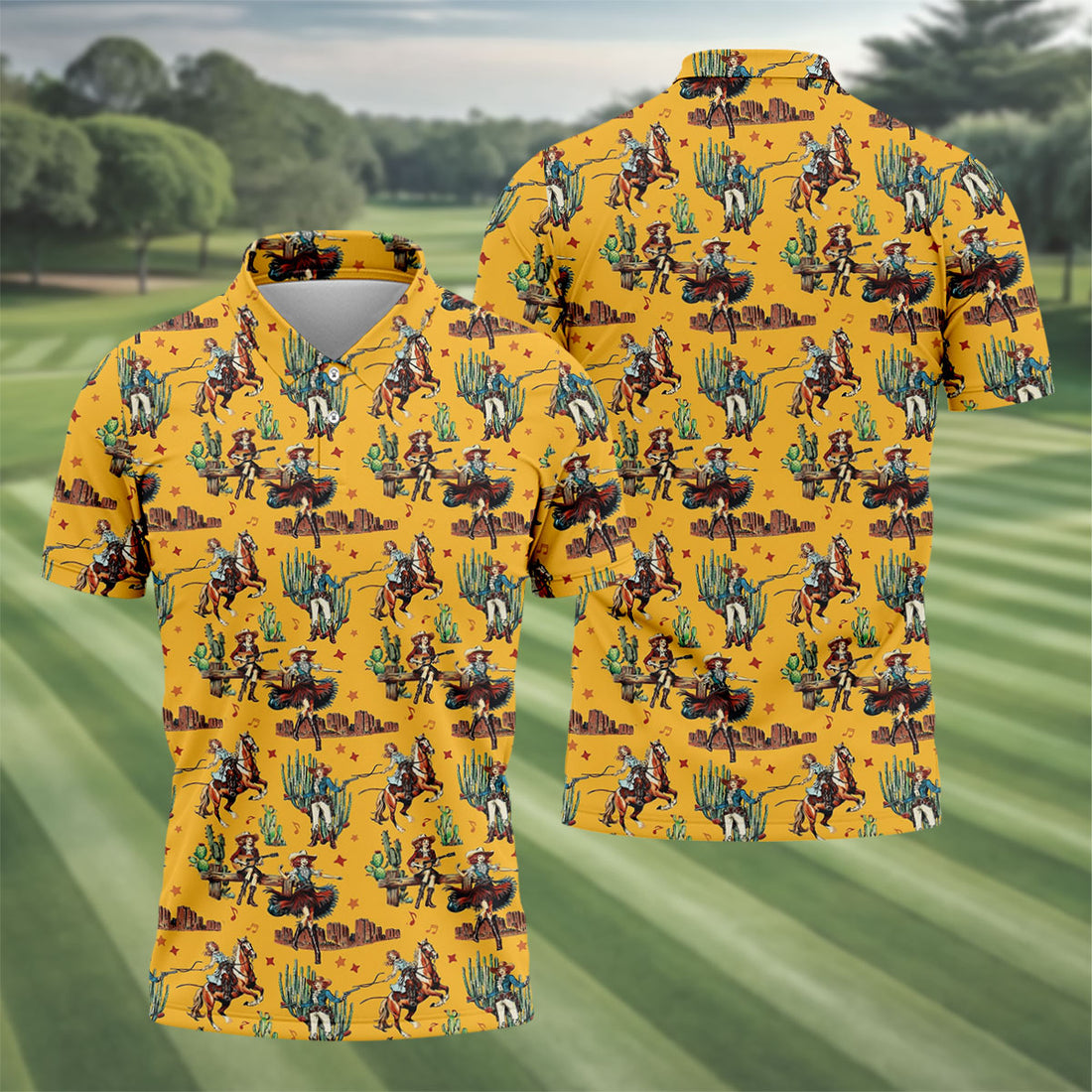 Yellow Cowboy Rodeo Desert Western Hawaiian Golf Shirt, Men's Golf Shirt, Golf Polo Shirts For Men