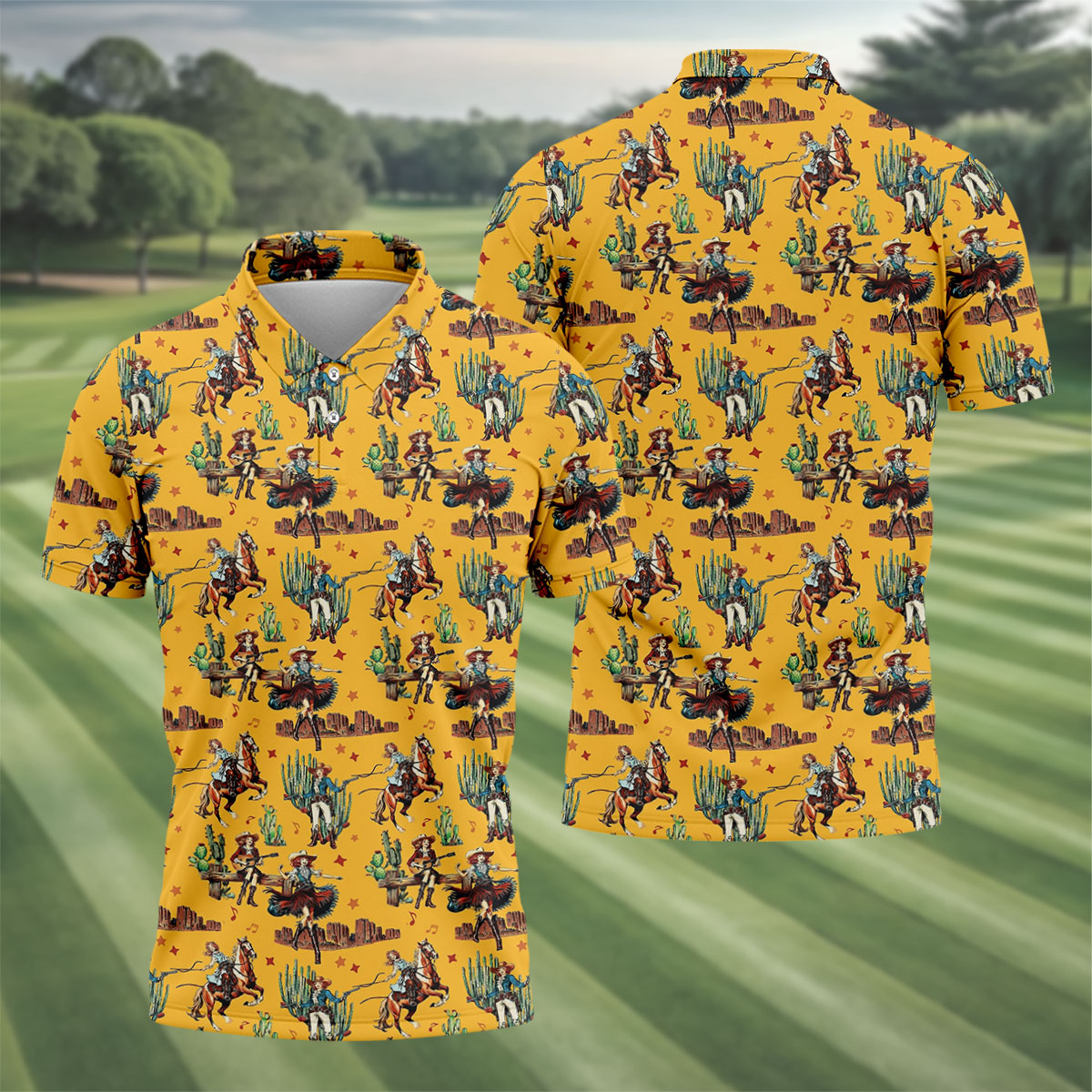 Yellow Cowboy Rodeo Desert Western Hawaiian Golf Shirt, Men's Golf Shirt, Golf Polo Shirts For Men