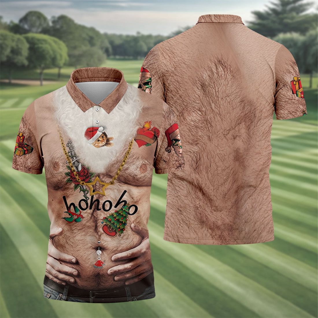 Men's Santa Beer Belly Costume Golf Shirt, Christmas Golf Shirt, Golf Apparel For Men