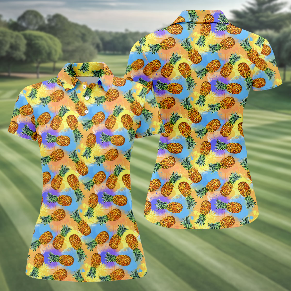 Colorful Pineapple Tropical Pattern Golf Shirt, Women's Golf Shirt, Golf Polo For Women, Ladies Golf Shirt
