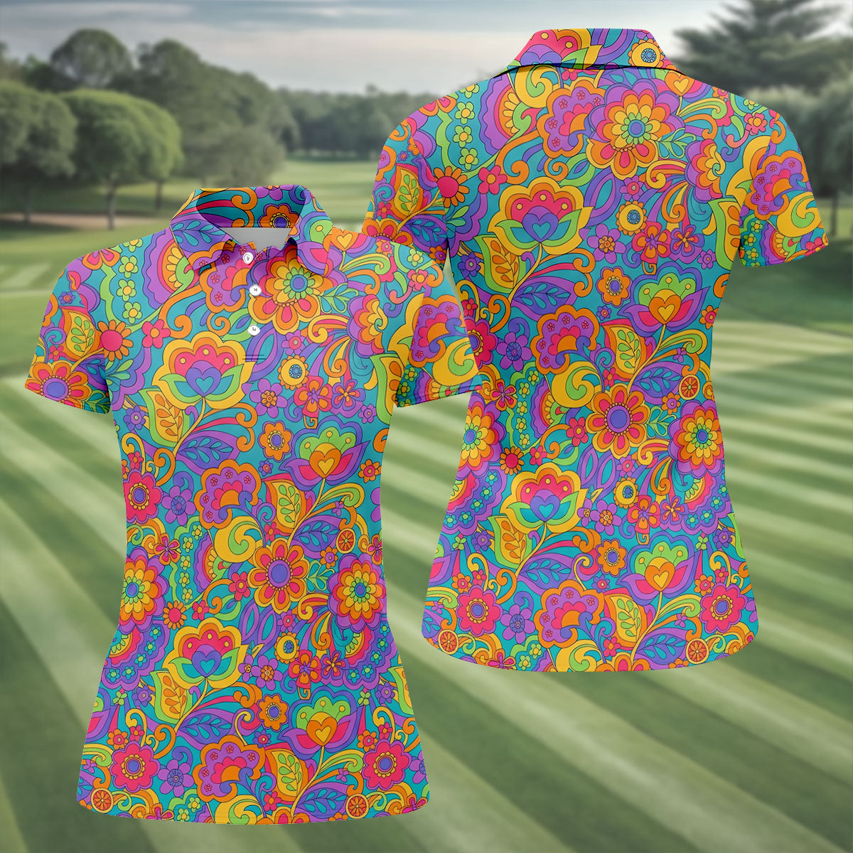 Vintage Psychedelic Floral Pattern Hawaiian Golf Shirt, Women’s Golf Tops, Golf Shirts For Women