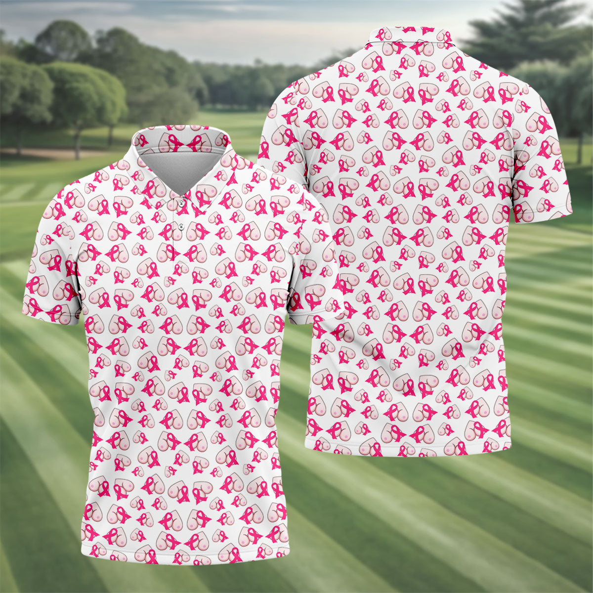 Pink Ribbon Breast Art Breast Cancer Polo Shirt, Golf Shirts For Men, Mens Golf Apparel