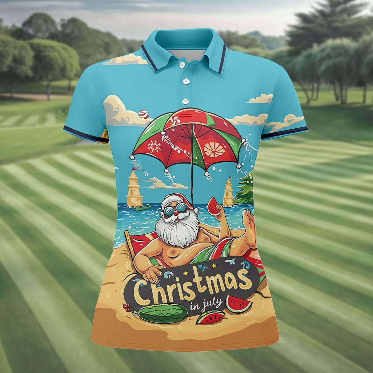 Christmas In July Santa Beach Christmas Golf Shirt, Women's Golf Tops, Hawaiian Golf Shirt, Printed Golf Shirt