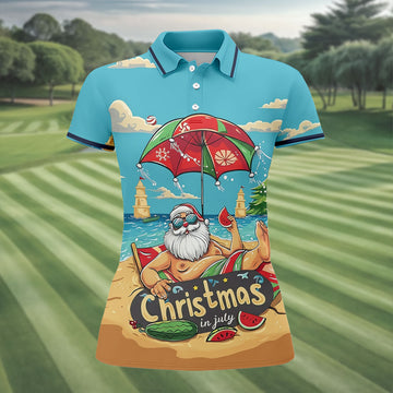 Christmas In July Santa Beach Christmas Golf Shirt, Women's Golf Tops, Hawaiian Golf Shirt, Printed Golf Shirt