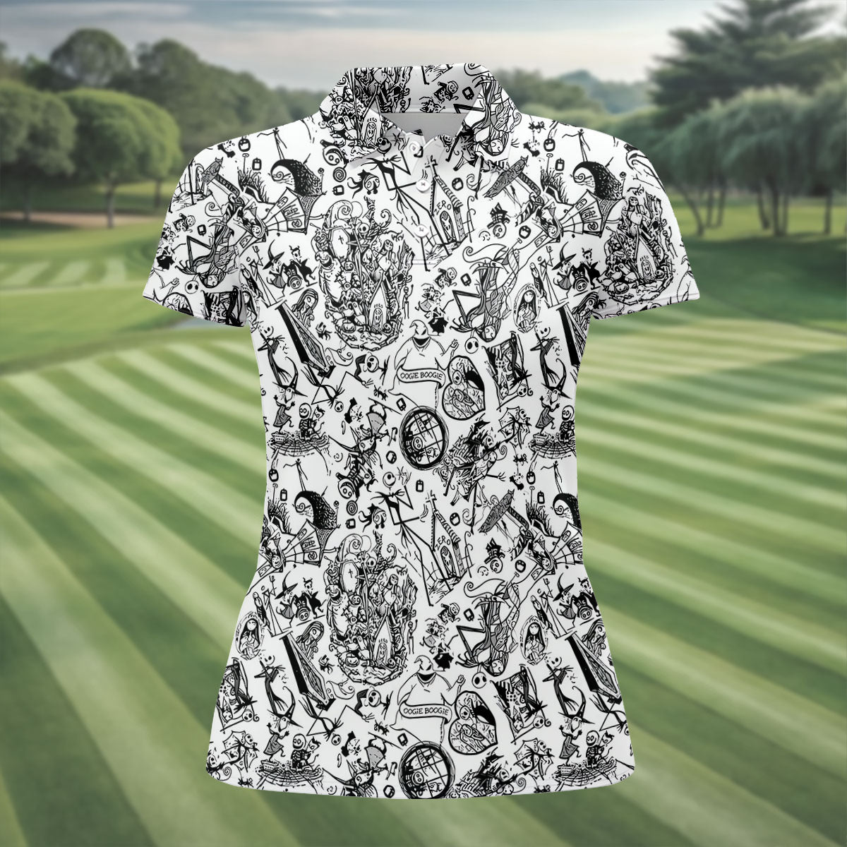 Doodle Horror Character Halloween Polo Shirt, Golf Tops For Women, Women's Golf Shirt