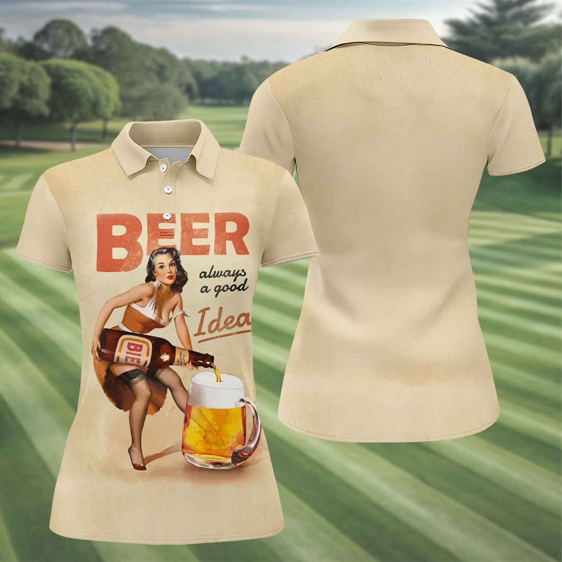 Vintage Beer Pin-Up Girl Design Golf Shirt, Women's Golf Shirt, Hawaiian Golf Shirt, Golf Polo For Women