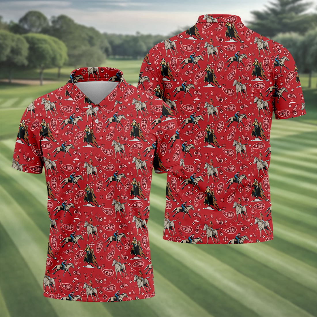 Red Cowboy Horse Paisley Pattern Golf Shirt, Mens Golf Polo, Golf Shirts For Men