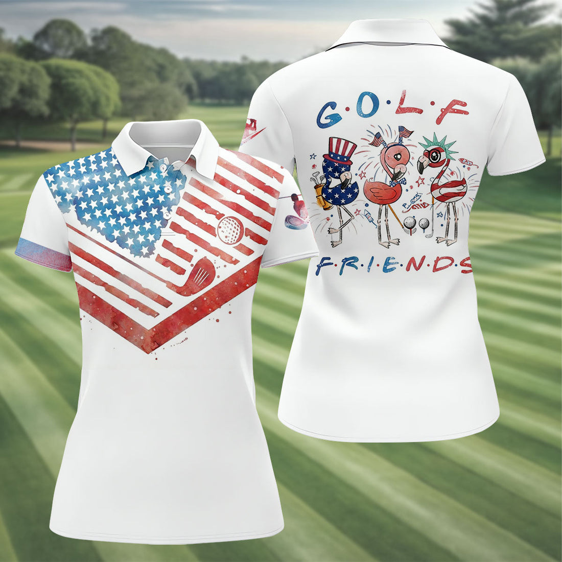 Vintage American Flag Golf Polo Shirt, Ladies Golf Shirts, Golf Polo For Women
