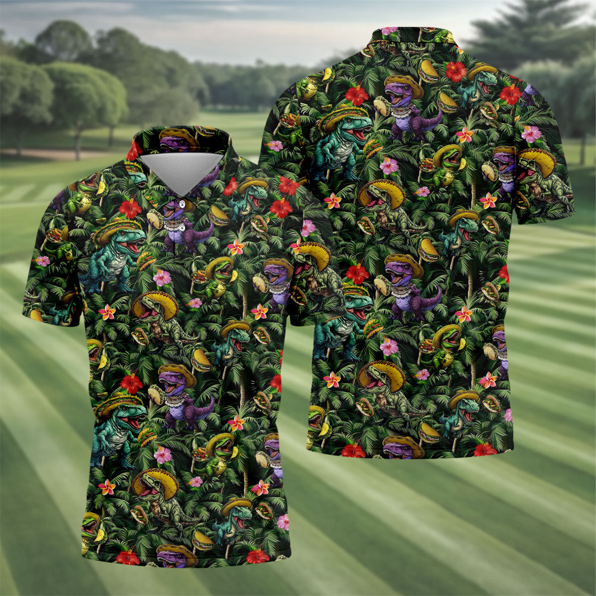 Hawaiian Dinosaur Sombreros Tacos Fun Golf Shirt, Cinco De Mayo Celebration Golf Shirts For Men