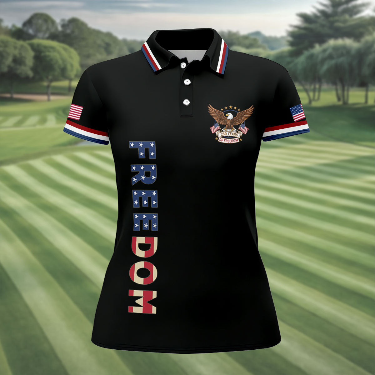 250 Years Of Freedom US Flag Logo Black Golf Shirt, Patriotic 4th Of July Golf Shirt For Women