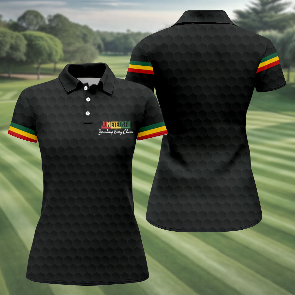 Juneteenth Breaking Every Chain Golf Ball Pattern Ladies Golf Tops, Black Heritage Day Golf Shirt For Women
