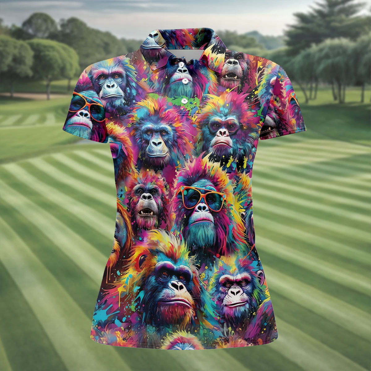 Street Art Style Cool Gorilla Hawaiian Golf Shirt, Tropical Theme Golf Shirt For Women