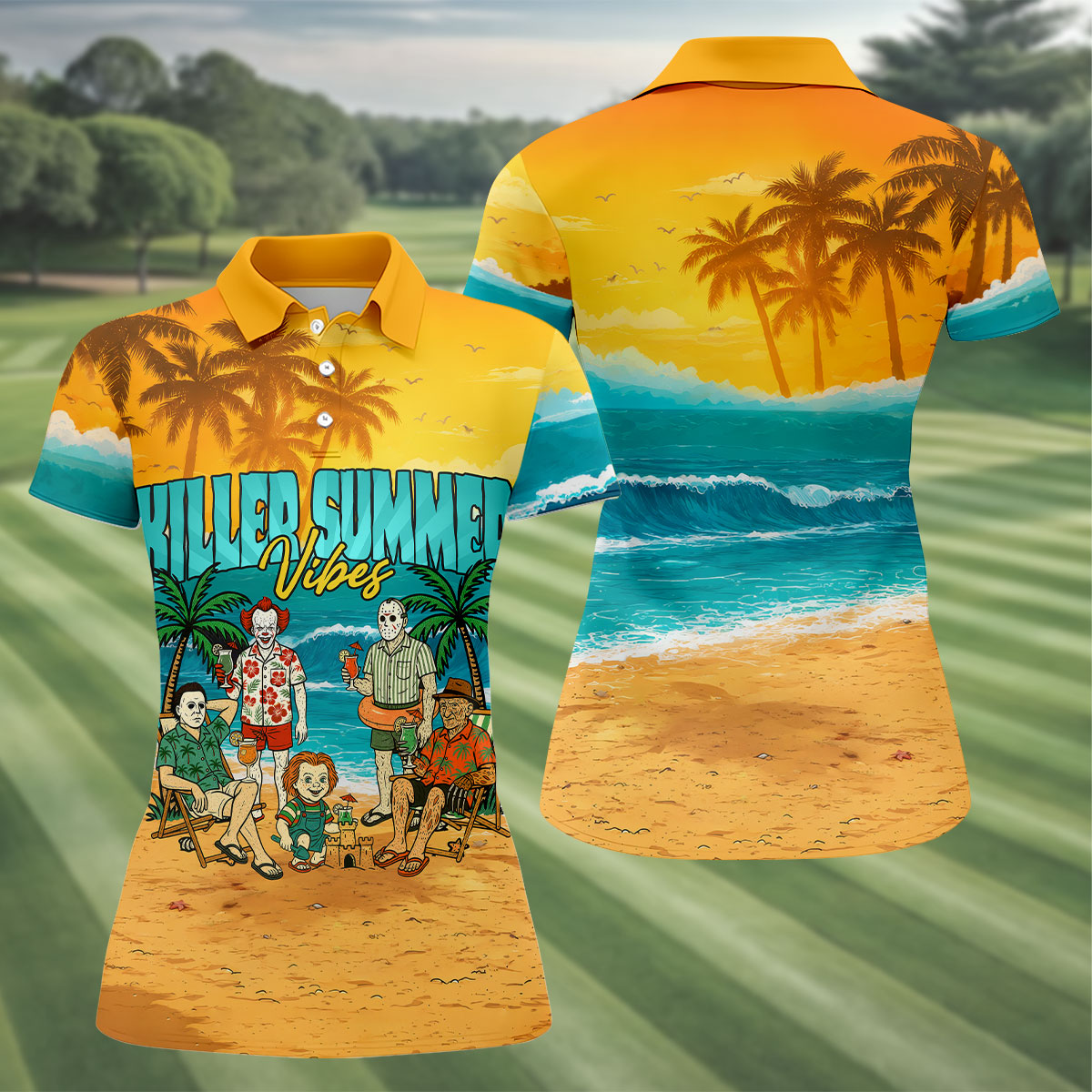 Killer Summer Vibes Horror Beach Party Golf Hawaiian Shirt, Women's Golf Polo, Ladies Golf Tops