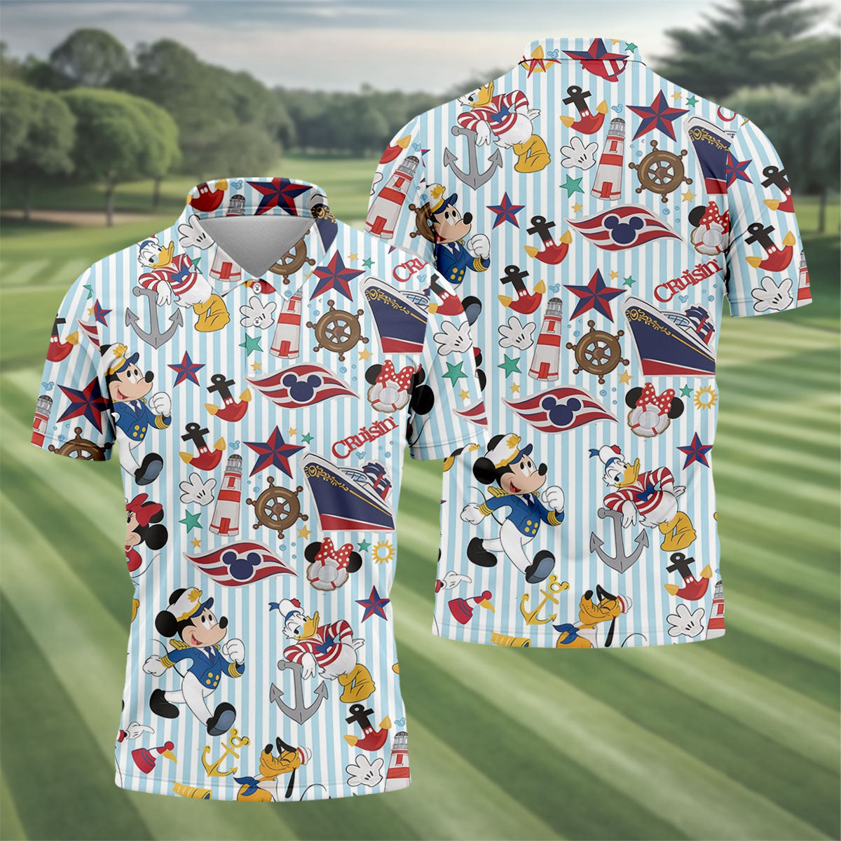 Nautical Cruise Cartoon Pattern Golf Polo Shirt, Golf Shirts For Men, Mens Golf Polo