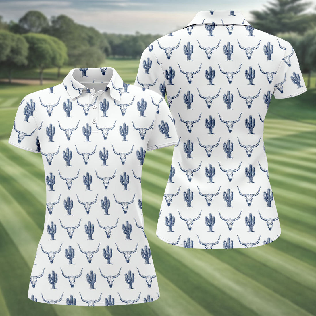 Western Longhorn And Cactus Pattern Golf Shirt, Women's Golf Shirt, Hawaiian Golf Shirt, Golf Polo For Women