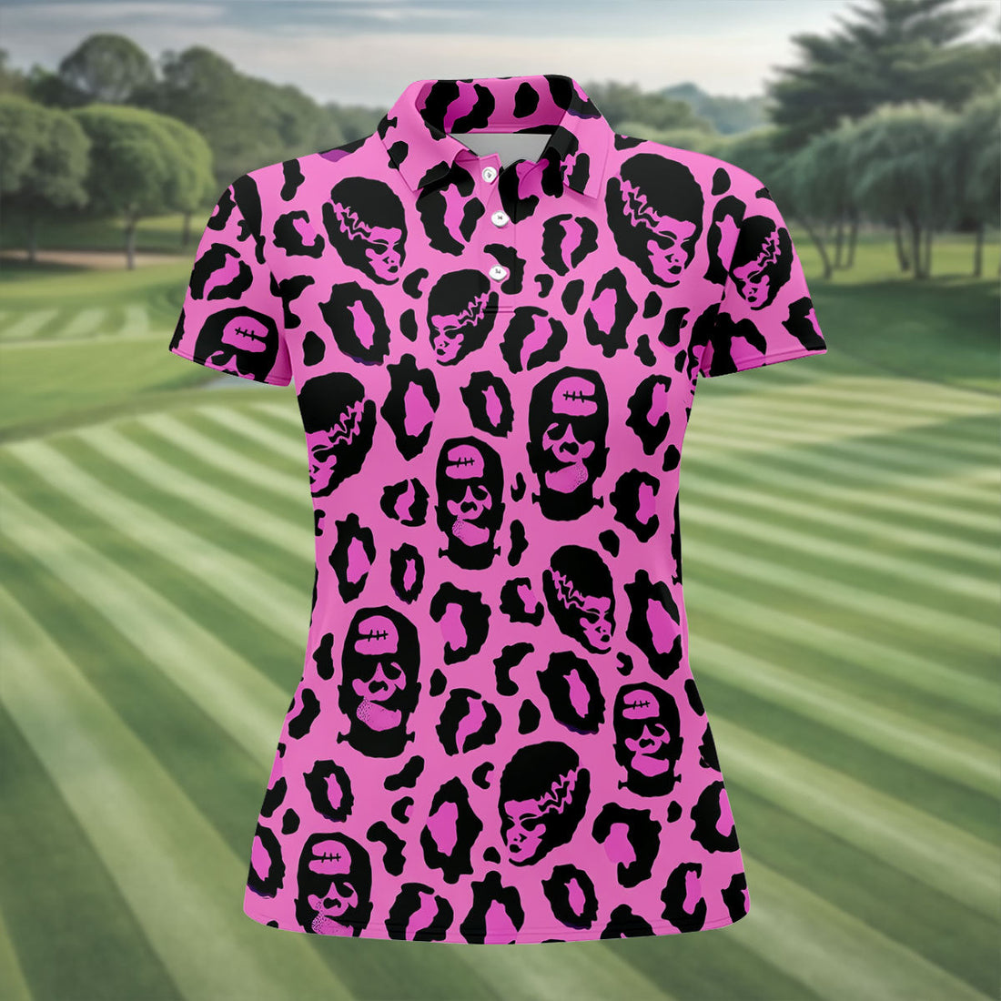 Leopard Print Horror Character Halloween Golf Polo Shirt, Golf Tops, Women's Golf Polo