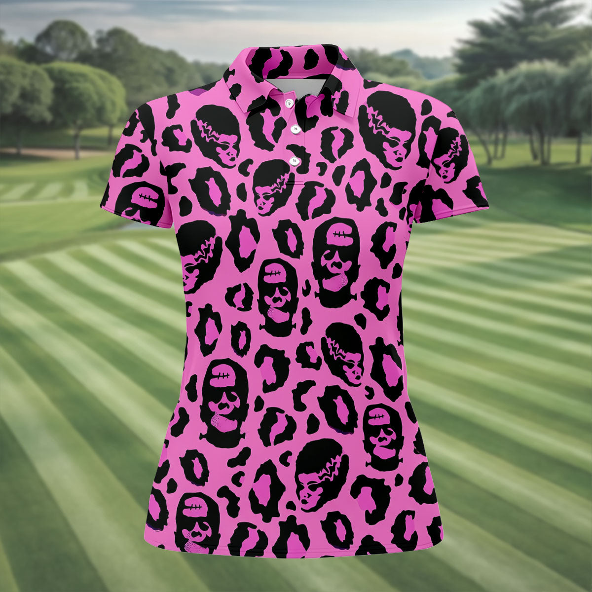 Leopard Print Horror Character Halloween Golf Polo Shirt, Golf Tops, Women's Golf Polo