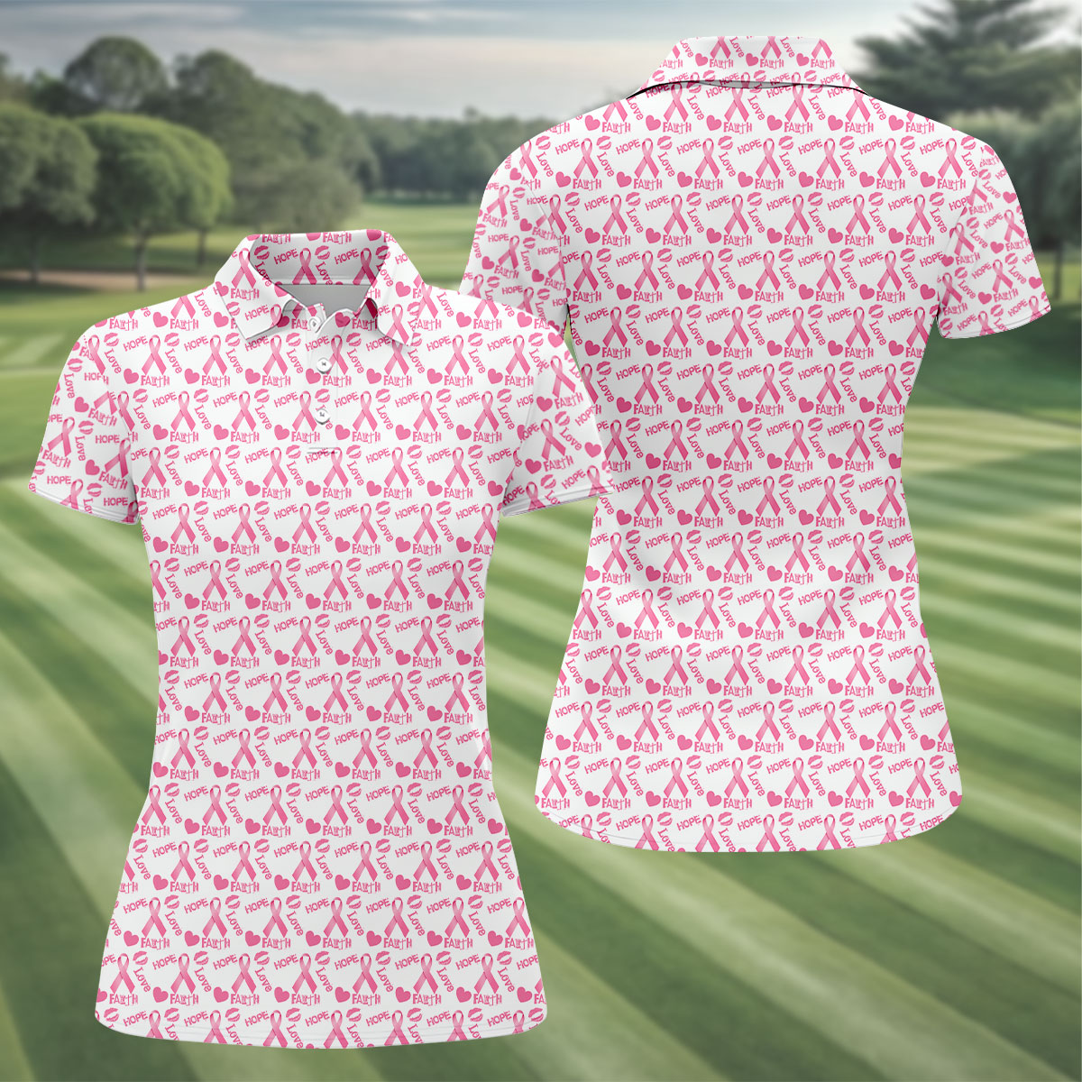 Hope Love Faith Pink Ribbon Breast Cancer Golf Shirt, Women’s Golf Polo, Ladies Golf Top