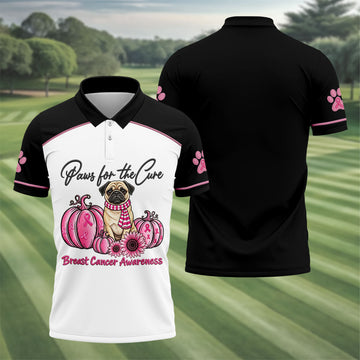 Paws For The Cure Pug Breast Cancer Polo Shirt, Golf Shirts For Men, Mens Golf Apparel