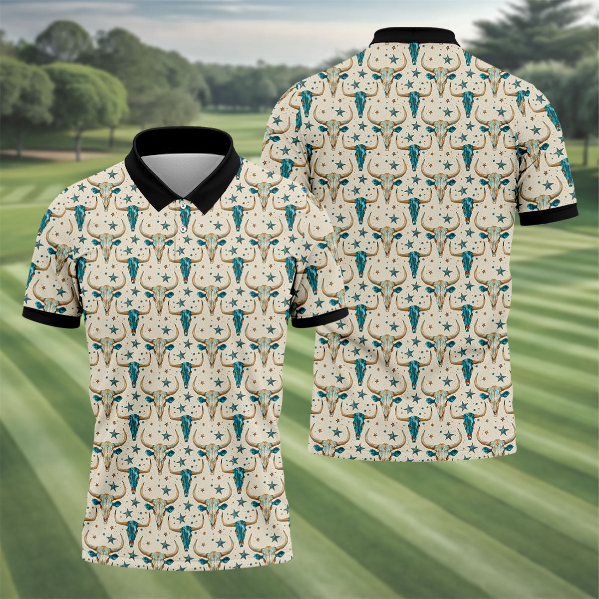 Cow Skulls Turquoise And Beige Western Theme Golf Tops For Men, Polo Shirts For Men, Golf Shirts For Men