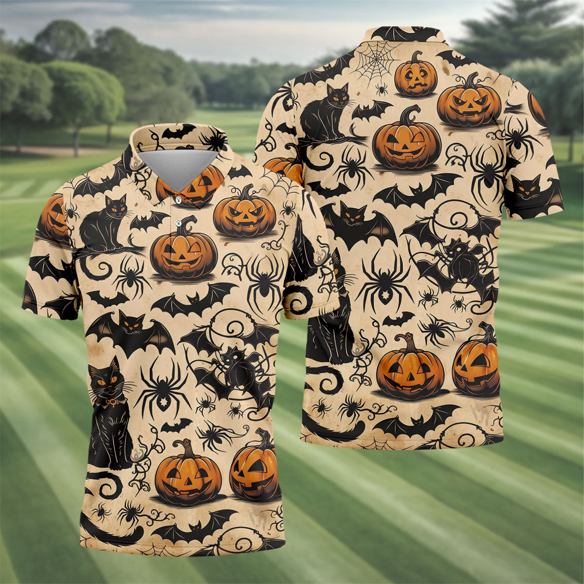 Vintage Halloween Cat Pumpkin Pattern Golf Polo Shirt, Mens Golf Polo, Hawaiian Golf Shirt