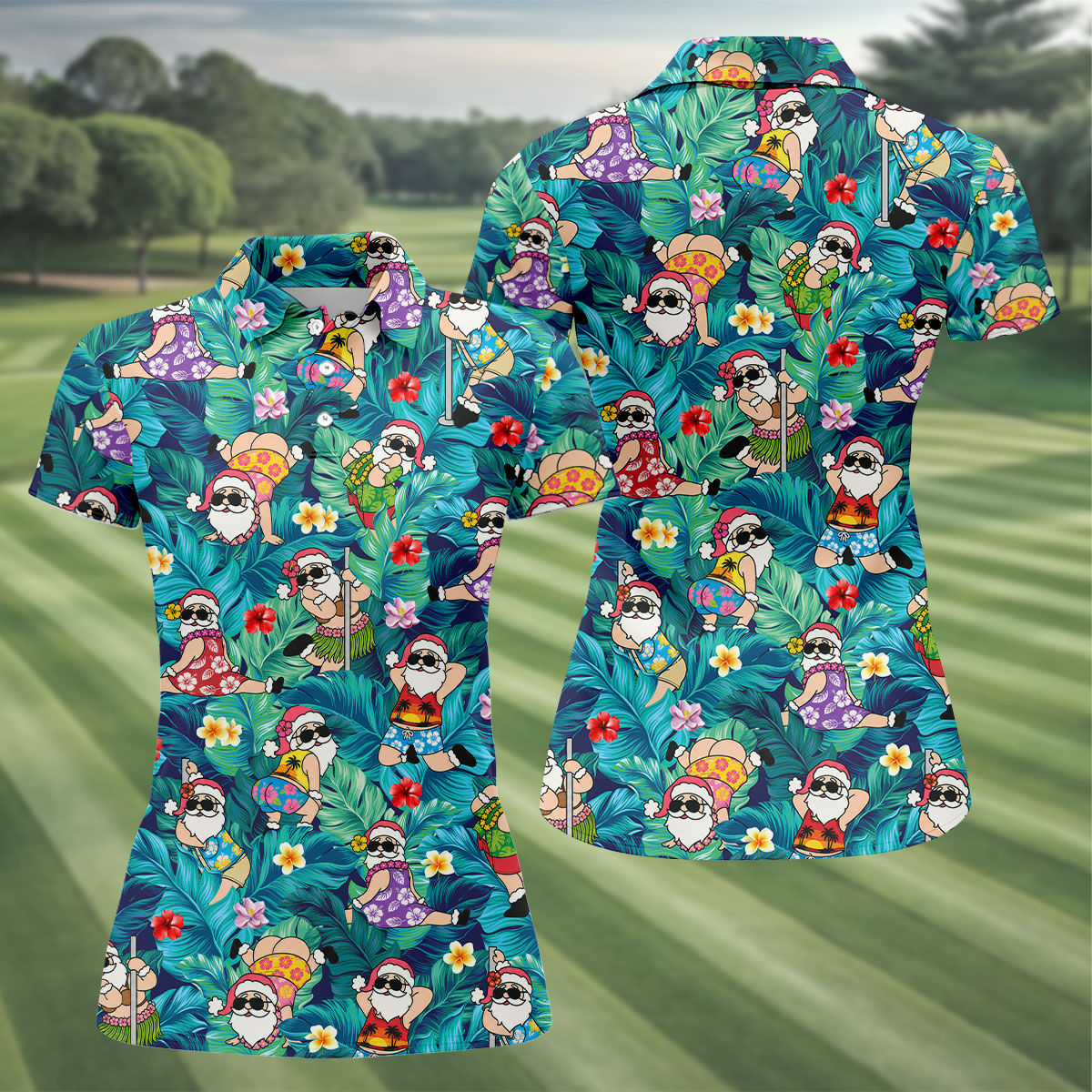 Funny Hula Santa Christmas Golf Shirt, Women's Golf Tops, Hawaiian Golf Shirt, Printed Golf Shirt