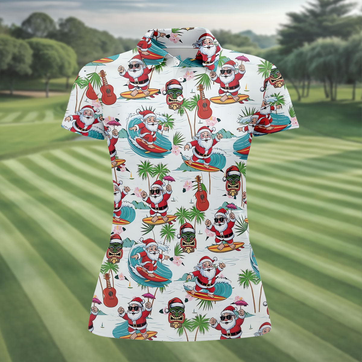 Surfing Santa Tropical Christmas Golf Shirt, Christmas Golf Shirt, Women’s Golf Polo